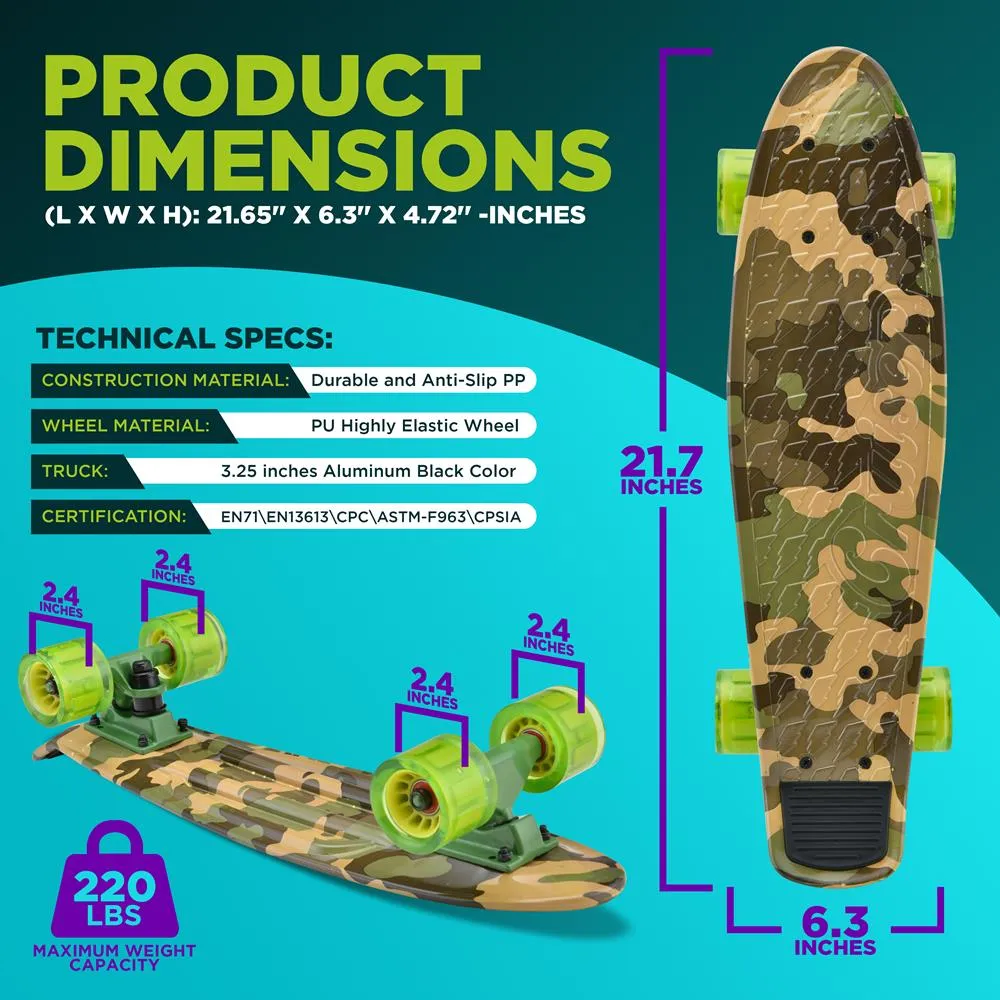 6'' Pp Deck Skateboard - Mini Cruiser Skateboard, Designed For Kids, Teens, And Adults (Camo)