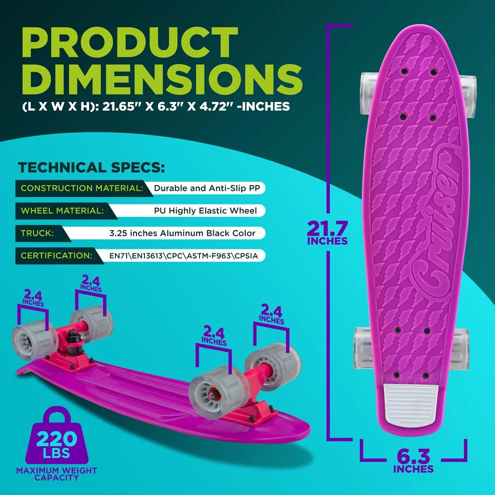 6'' Pp Deck Skateboard - Mini Cruiser Skateboard, Designed For Kids, Teens, And Adults (Purple)