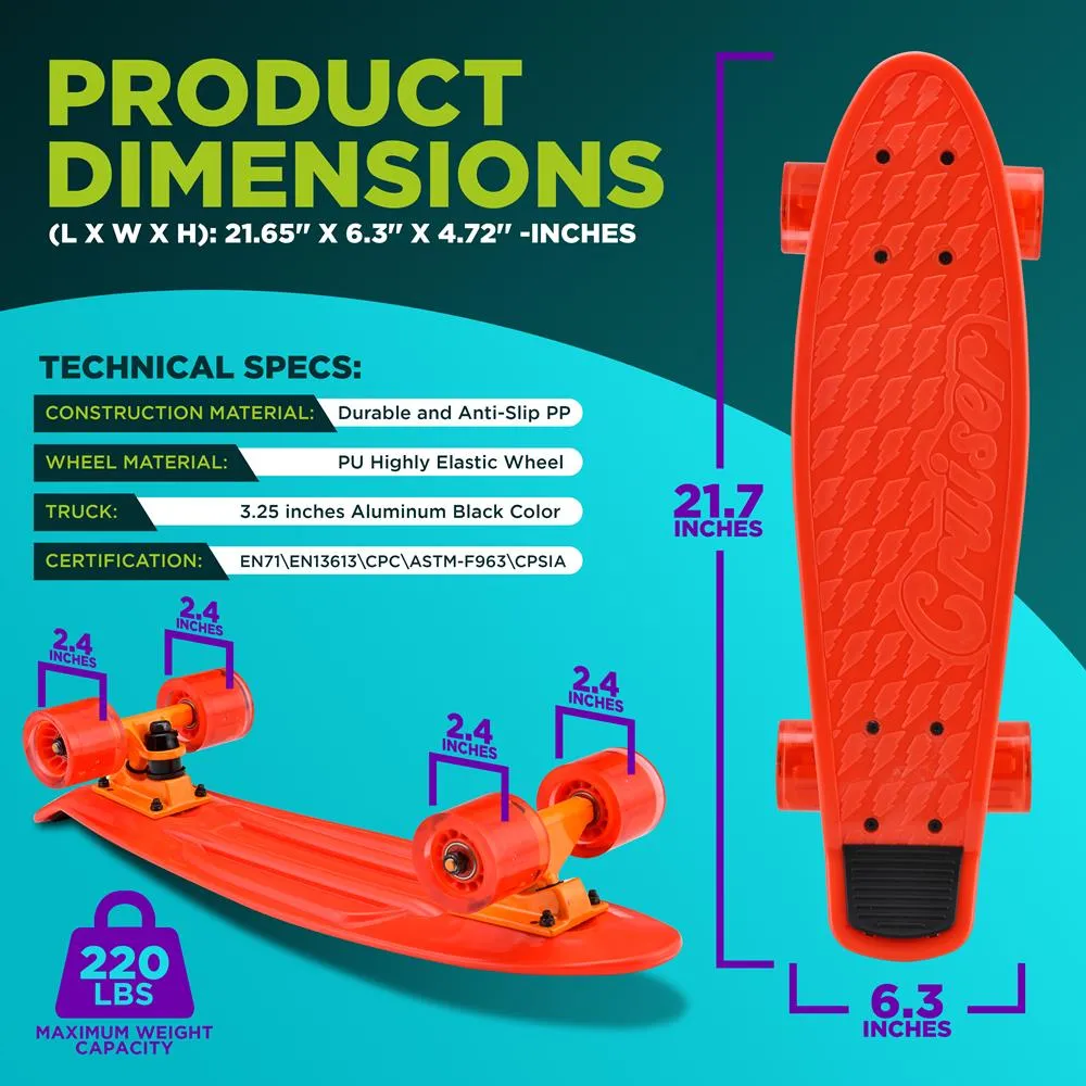 6'' Pp Deck Skateboard - Mini Cruiser Skateboard, Designed For Kids, Teens, And Adults (Red)