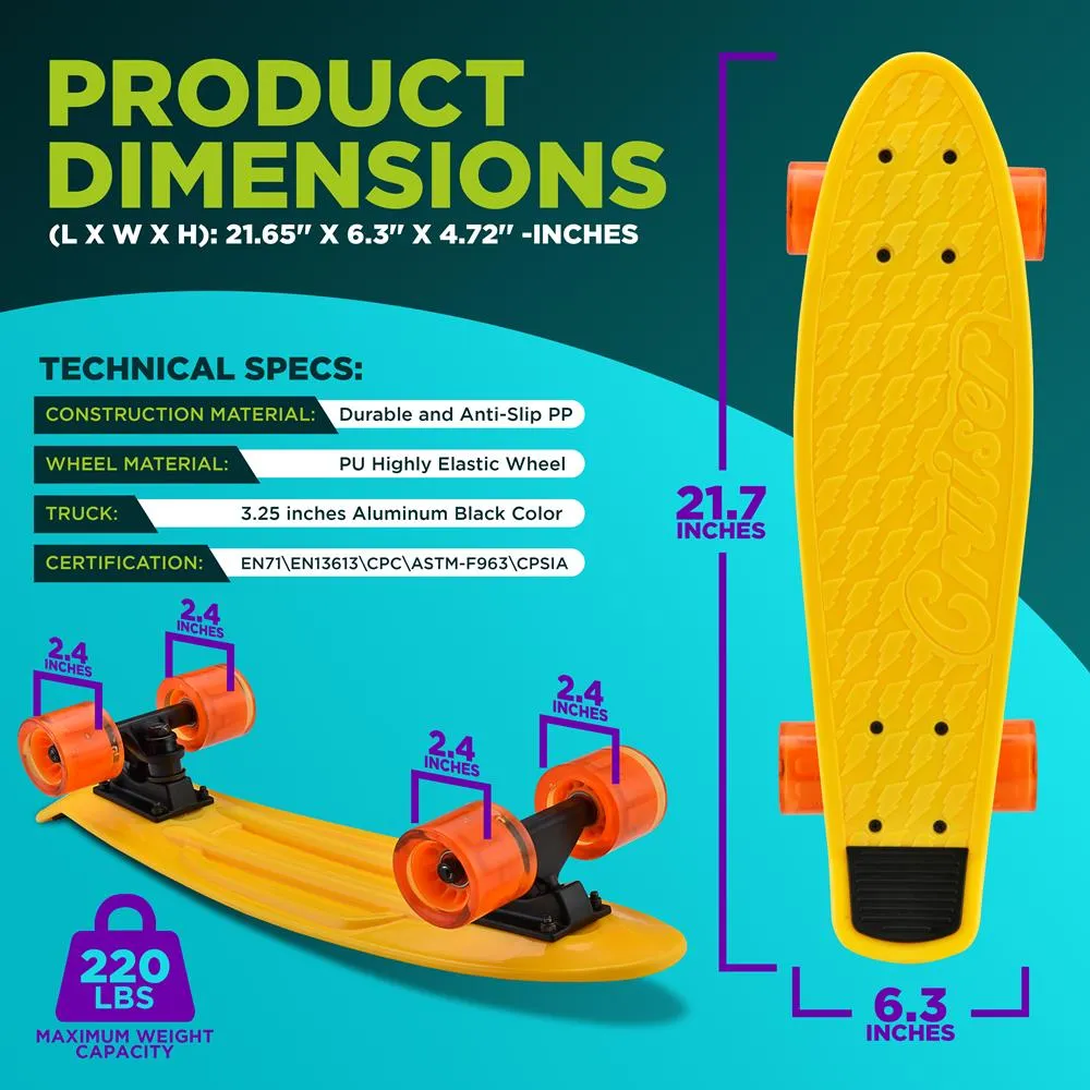 6'' Pp Deck Skateboard - Mini Cruiser Skateboard, Designed For Kids, Teens, And Adults (Yellow)