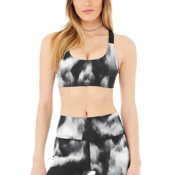 Alo Yoga Vapor Aurora Take Charge Banded Sports Bra Black Gray White XS EUC