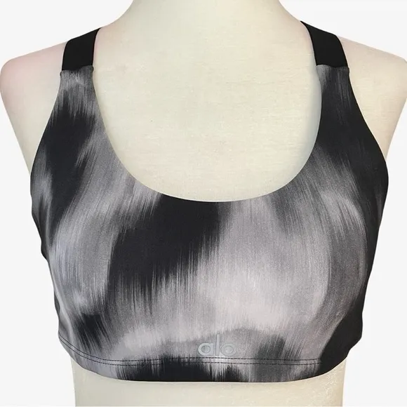 Alo Yoga Vapor Aurora Take Charge Banded Sports Bra Black Gray White XS EUC