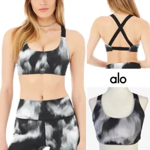 Alo Yoga Vapor Aurora Take Charge Banded Sports Bra Black Gray White XS EUC