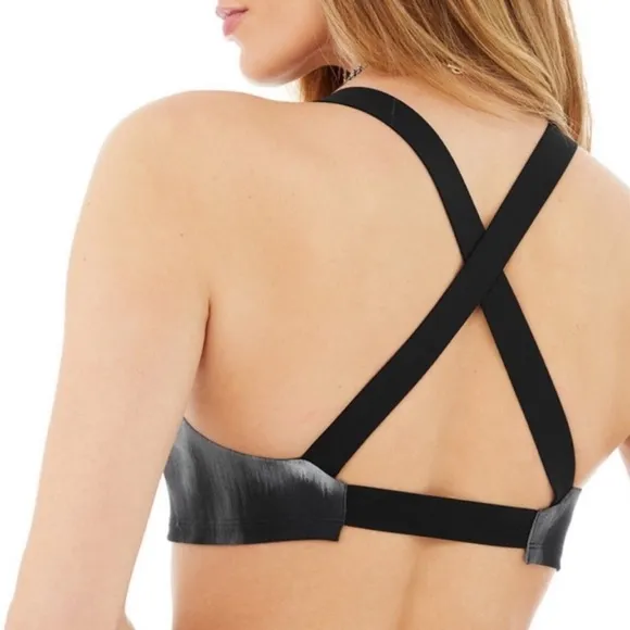 Alo Yoga Vapor Aurora Take Charge Banded Sports Bra Black Gray White XS EUC