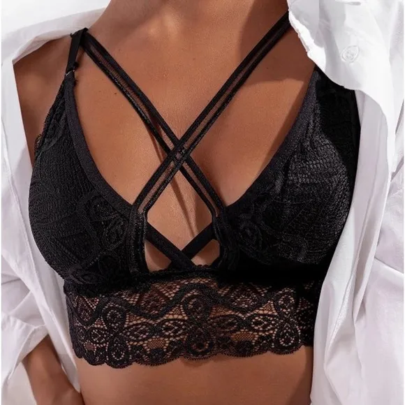 Black Lace Criss Cross Longline Bra