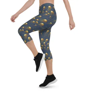 Capri Leggings - Blue and Gold Jellyfishes