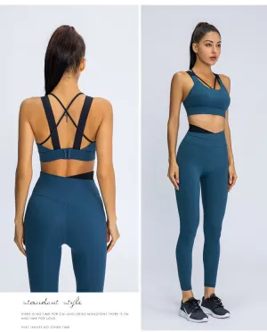 Contrasting trendy Color Shockproof Gathered Bra Hips Peach Trousers Running Yoga Fitness Suit