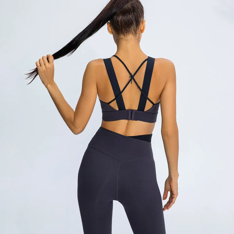 Contrasting trendy Color Shockproof Gathered Bra Hips Peach Trousers Running Yoga Fitness Suit