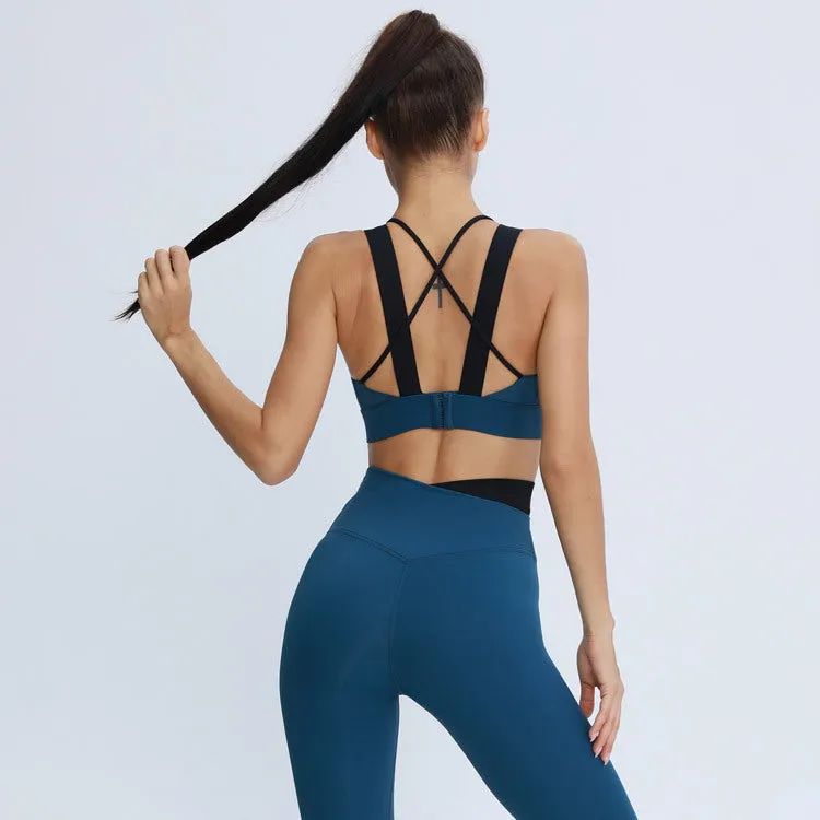 Contrasting trendy Color Shockproof Gathered Bra Hips Peach Trousers Running Yoga Fitness Suit