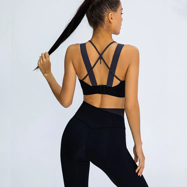 Contrasting trendy Color Shockproof Gathered Bra Hips Peach Trousers Running Yoga Fitness Suit