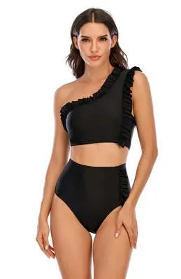 Flounced One-shoulder Bikini High Waist Swimming Trunks Swimsuit Set fashion