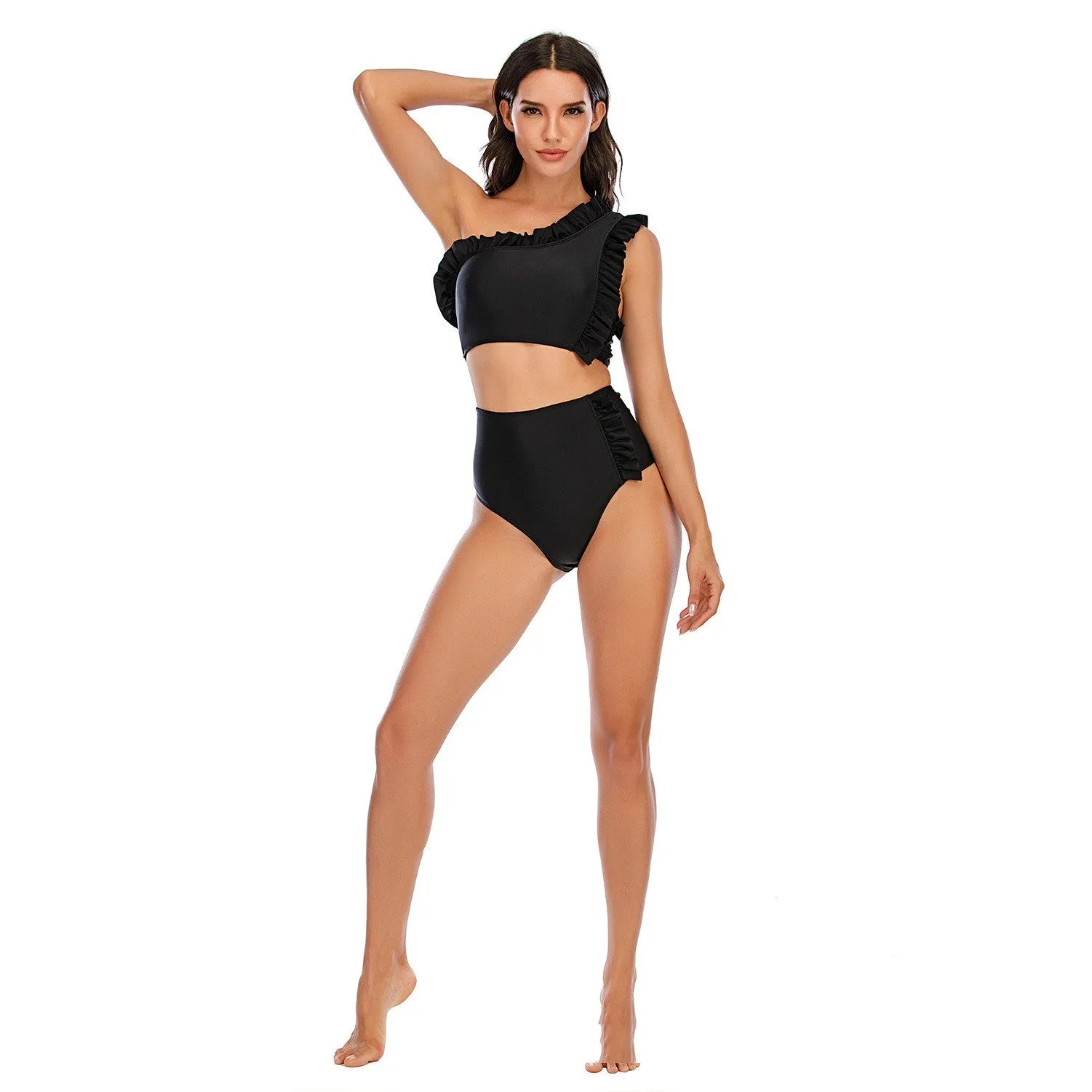 Flounced One-shoulder Bikini High Waist Swimming Trunks Swimsuit Set fashion
