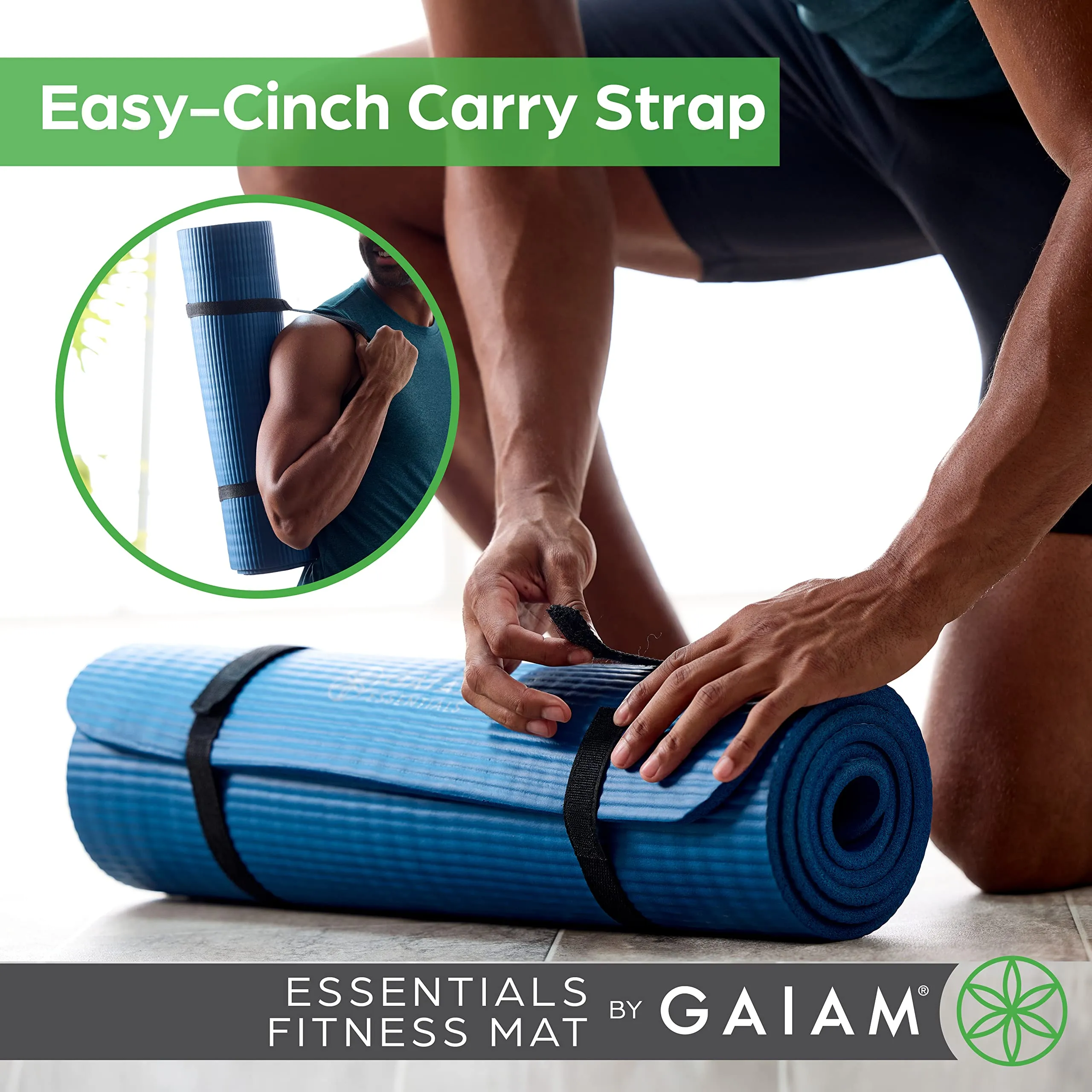 Gaiam Essentials Thick Yoga Mat Fitness & Exercise Mat With Easy-Cinch Carrier Strap, Teal, 72"L X 24"W X 2/5 Inch Thick