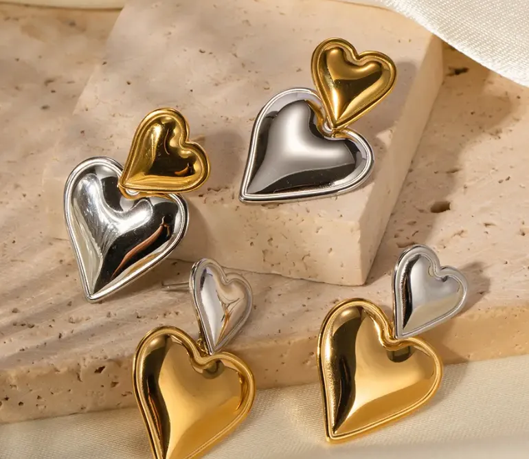 Heart Double Drop Stainless Steel Earring
