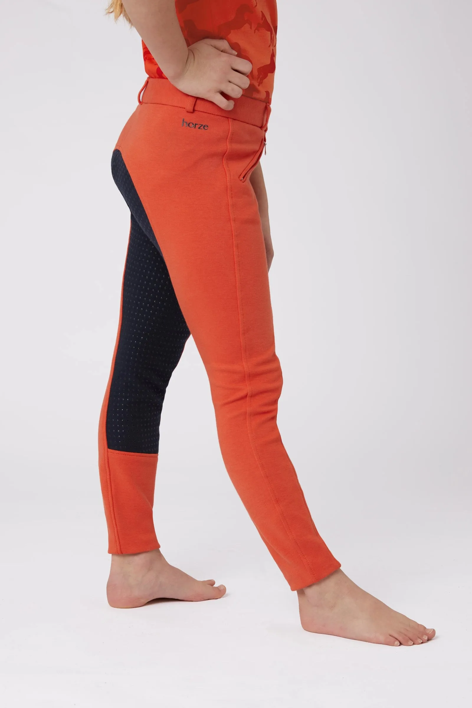 Horze Kids Active Slc FS Breeches Mandarine Orange & Navy
