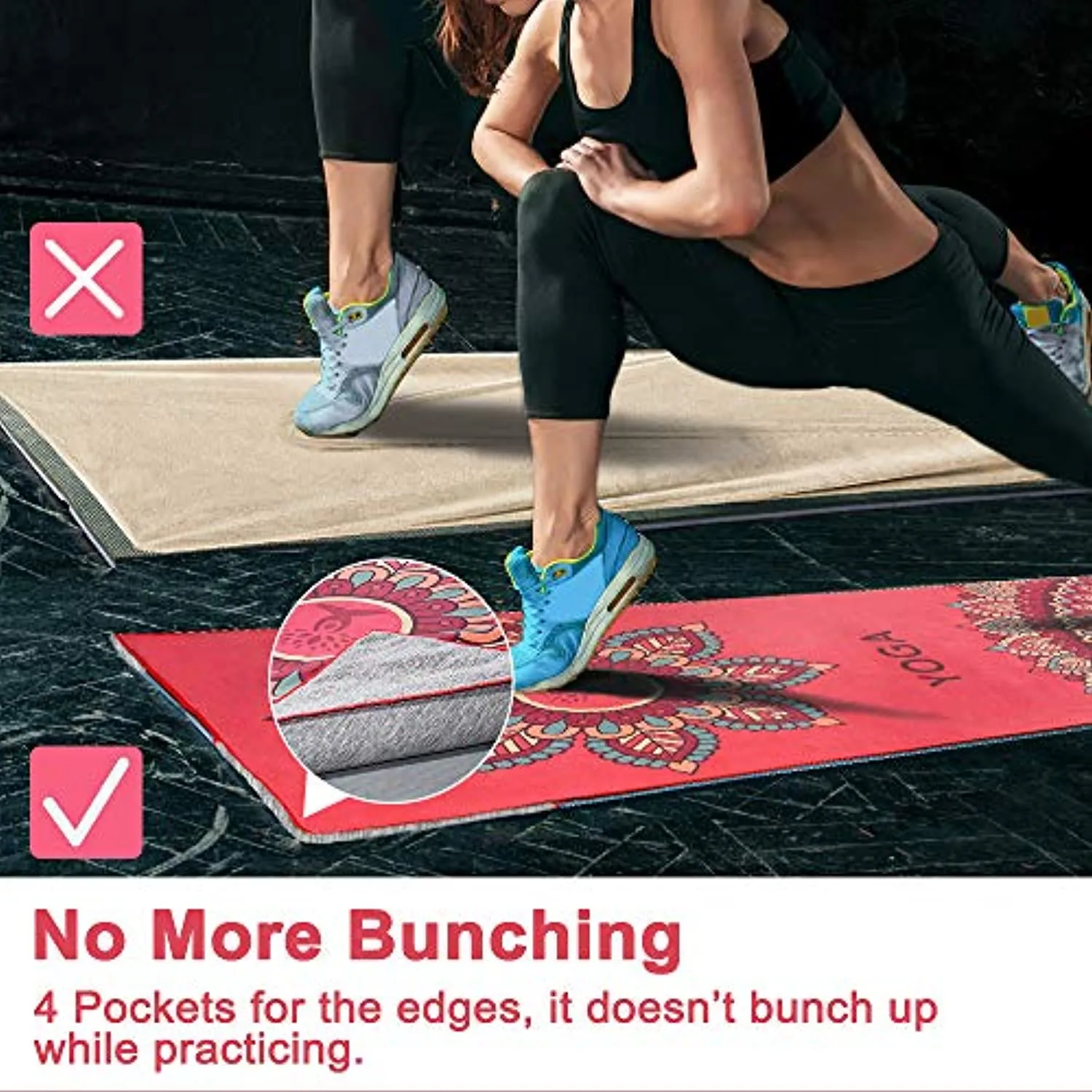 KINGXBAR Toalla de microfibra ultra suave para yoga, antideslizante, súper absorbente de sudor, para gimnasio, Bikram Pilates, secado rápido, sin agrupaciones, bolsillos en las esquinas, bolsa de transporte gratuita, (26 x 73 pulgadas)