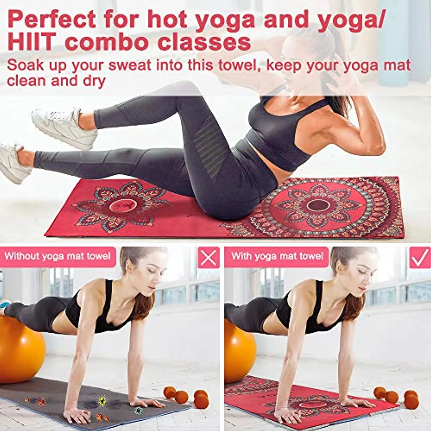 KINGXBAR Toalla de microfibra ultra suave para yoga, antideslizante, súper absorbente de sudor, para gimnasio, Bikram Pilates, secado rápido, sin agrupaciones, bolsillos en las esquinas, bolsa de transporte gratuita, (26 x 73 pulgadas)