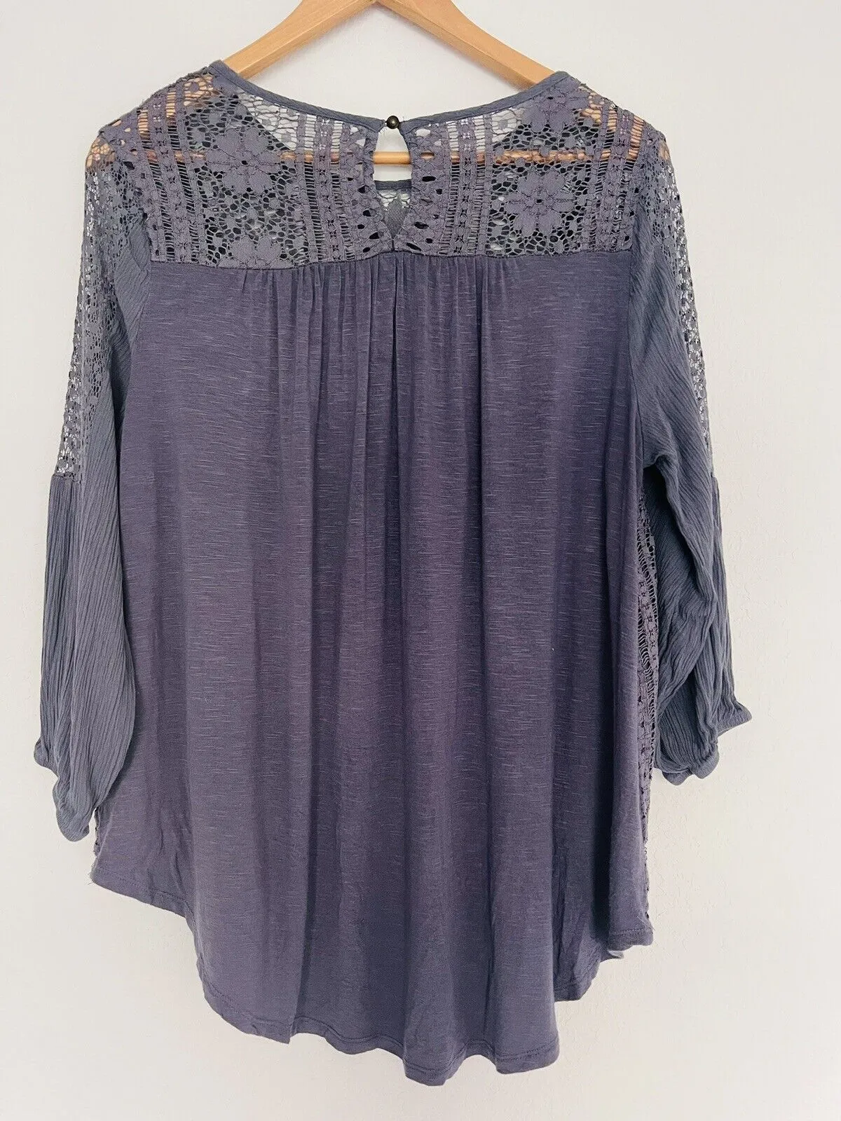 KNOX ROSE Mixed Media Flowy Top Sz L Lace Blouse Balloon Sleeves Boho