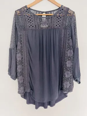 KNOX ROSE Mixed Media Flowy Top Sz L Lace Blouse Balloon Sleeves Boho