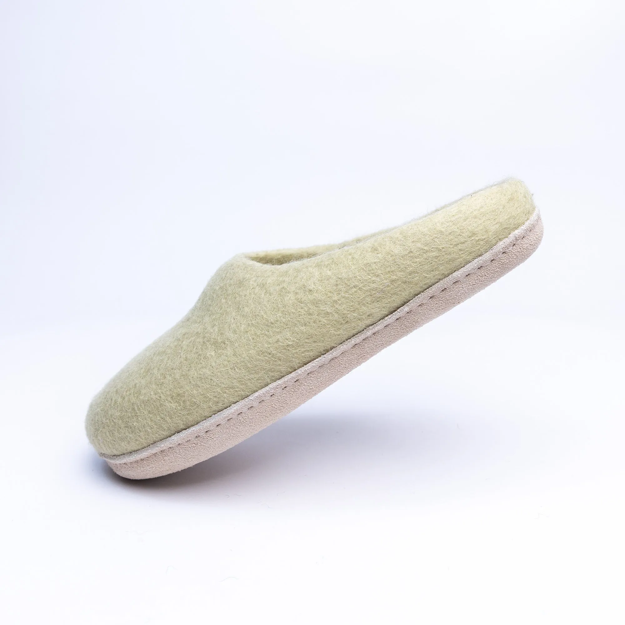 KUUMA - Pastel Green Wool Felt Slippers Cozy, Handmade, Non-Slip Winter Shoes