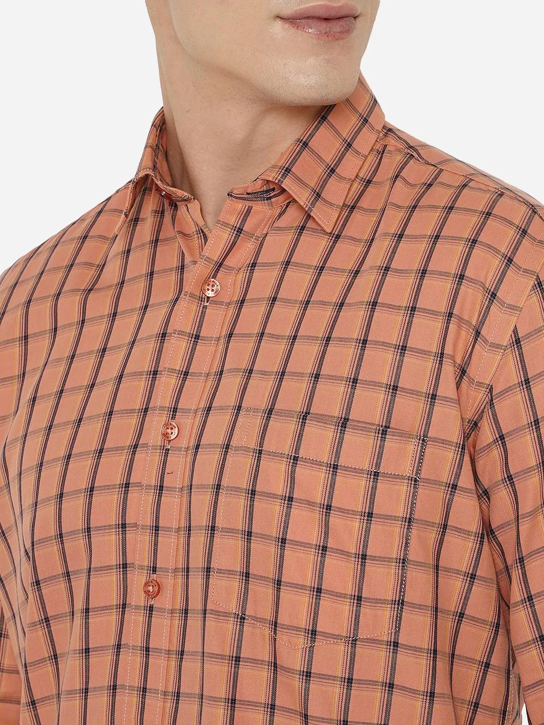 Light Orange Checked Slim Fit Casual Shirt | JadeBlue
