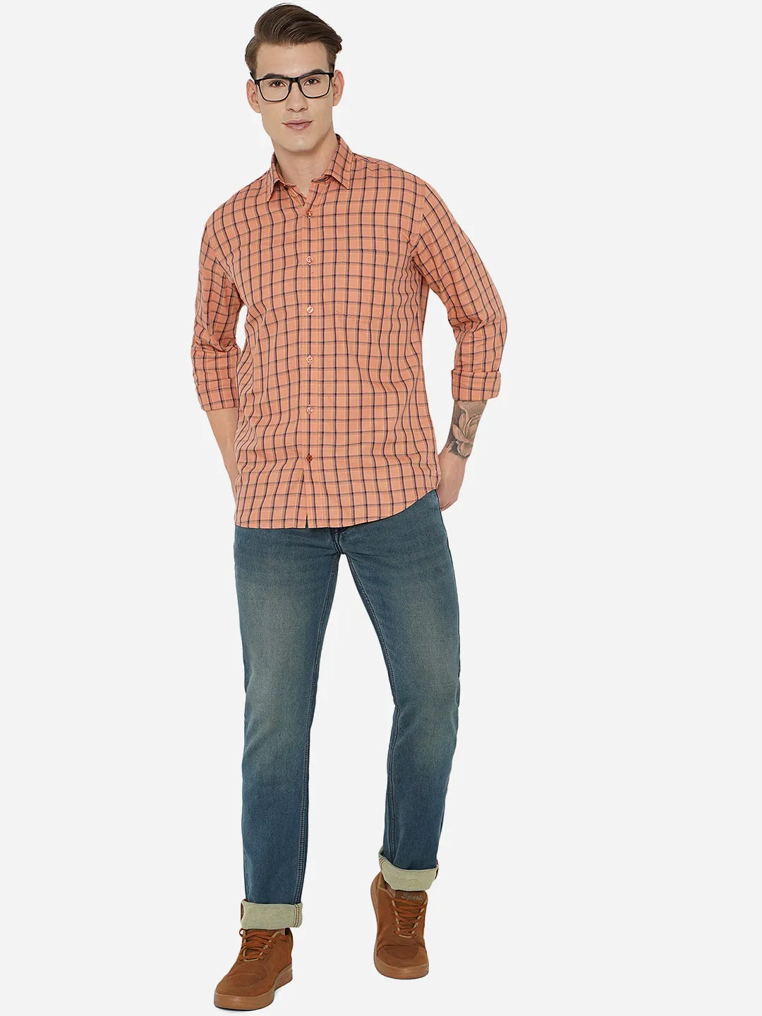 Light Orange Checked Slim Fit Casual Shirt | JadeBlue