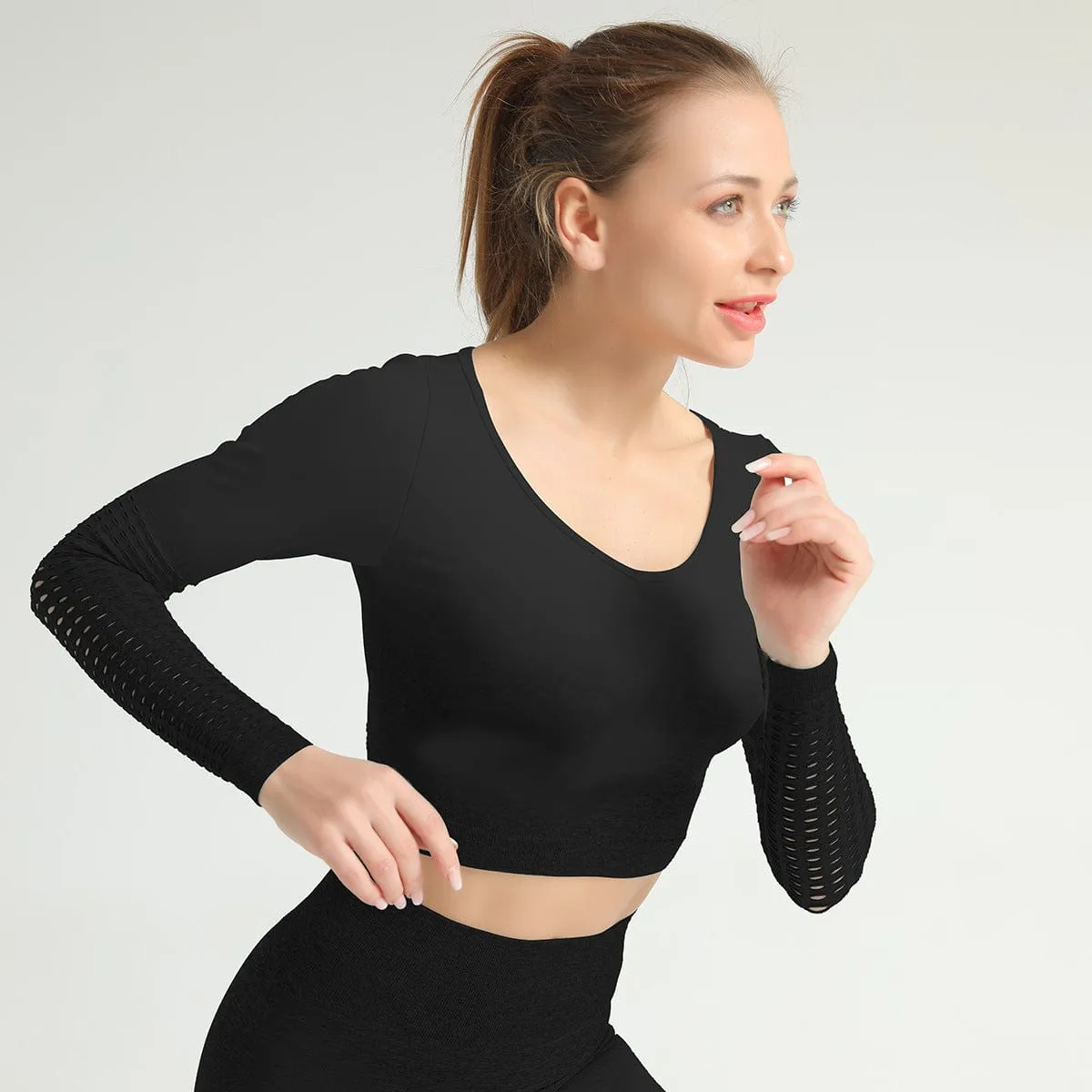 Mesh Seamless Sports Crop Top Long Sleeve