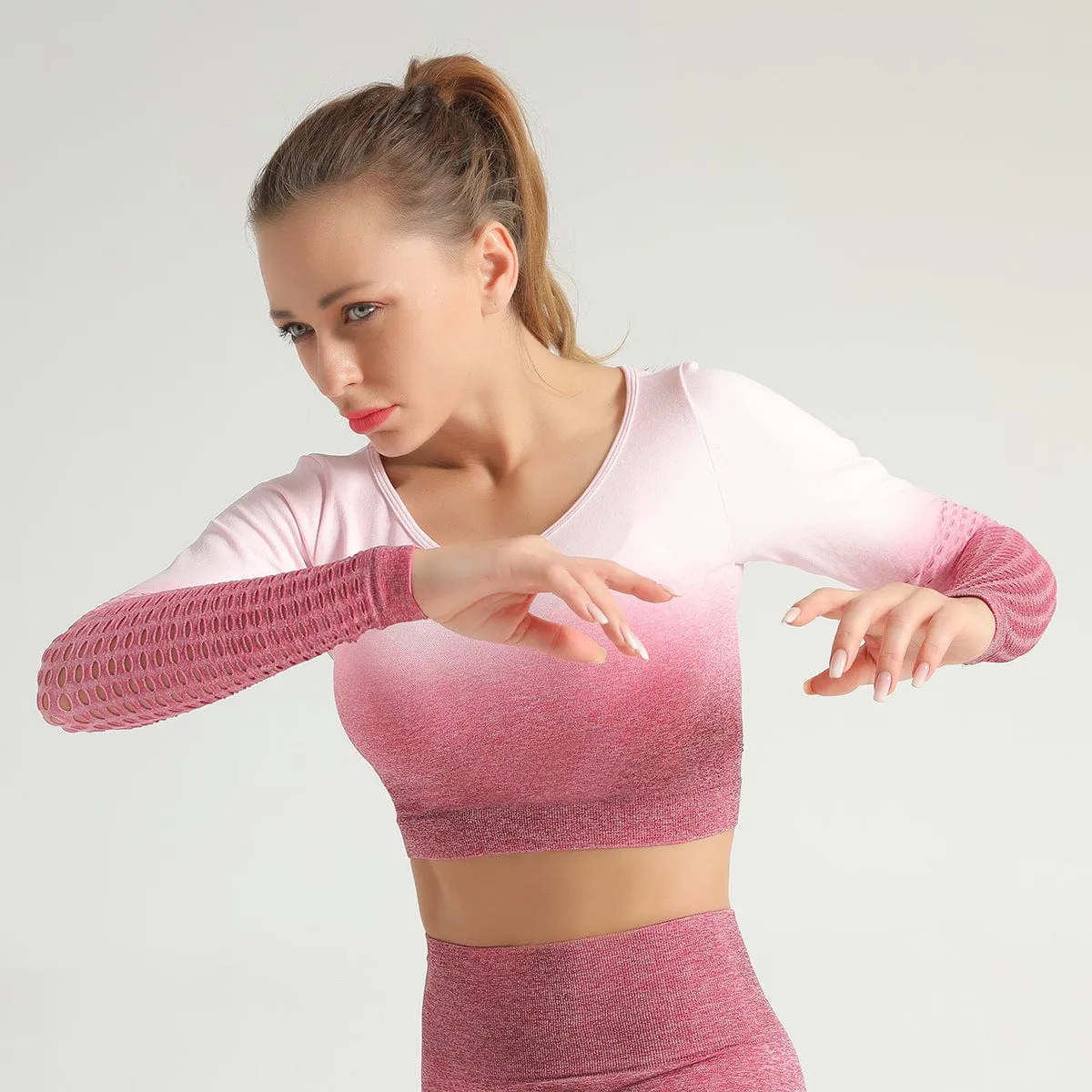 Mesh Seamless Sports Crop Top Long Sleeve