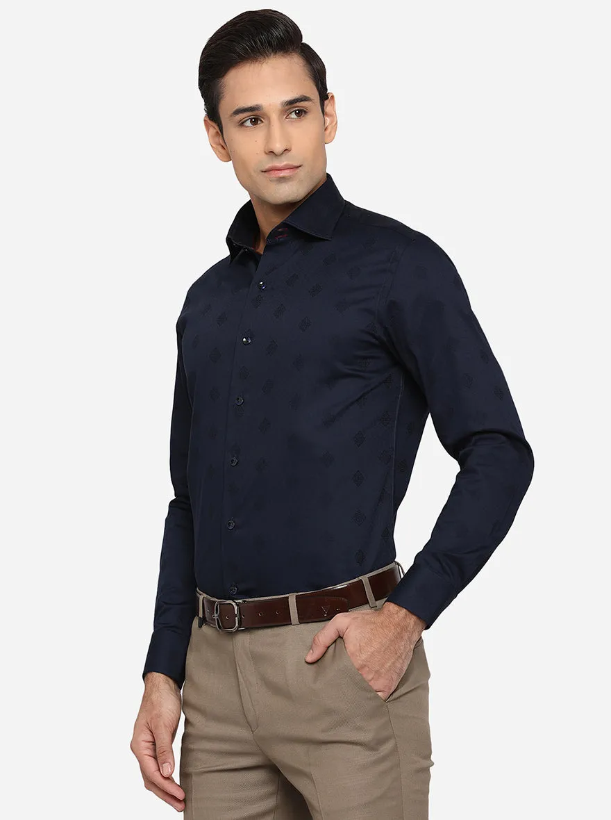 Navy Blue Printed Slim Fit Party Wear Shirt | JB Studio