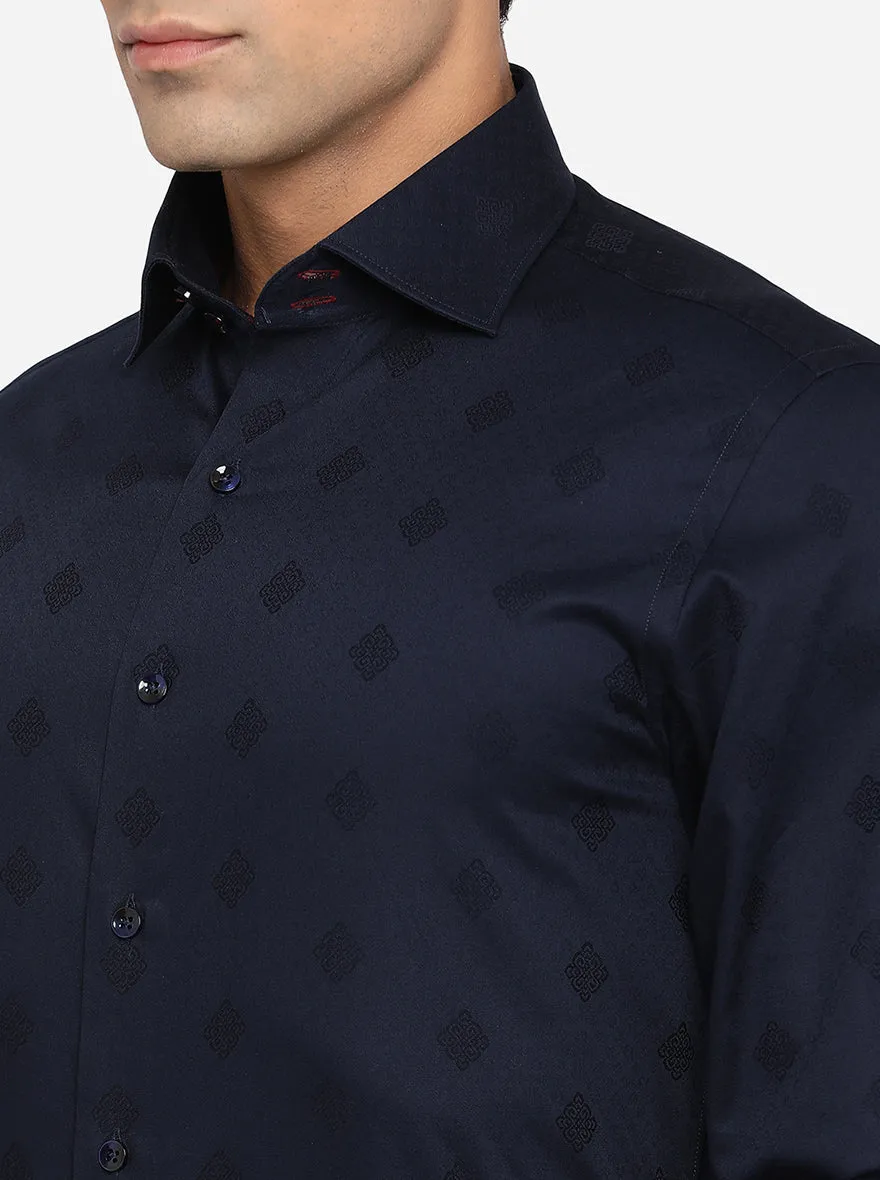 Navy Blue Printed Slim Fit Party Wear Shirt | JB Studio