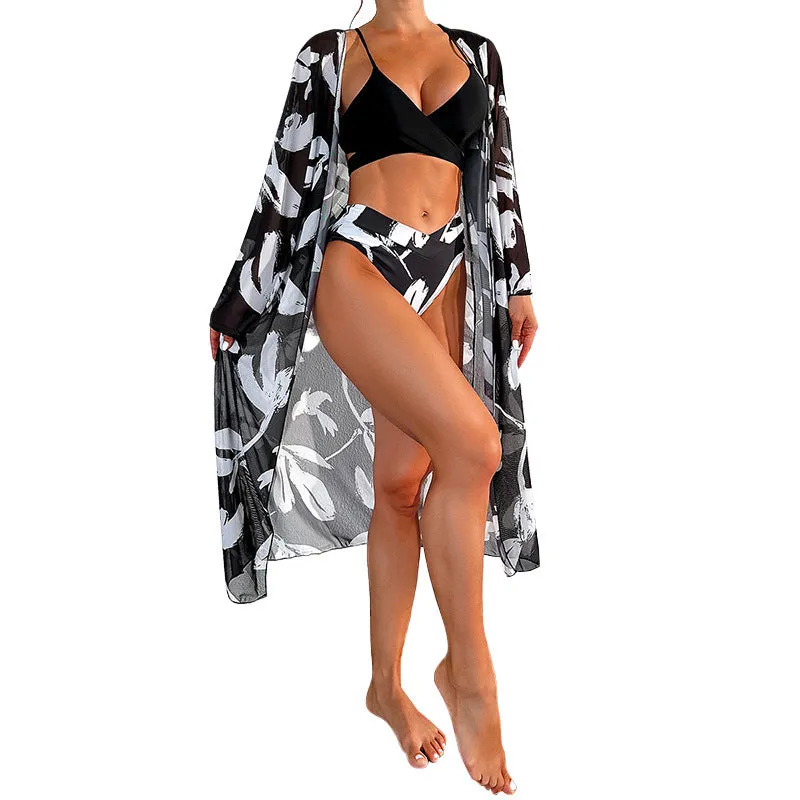 New Bikini Three-piece Women's Swimsuit Black And White Printed Swimming trendy