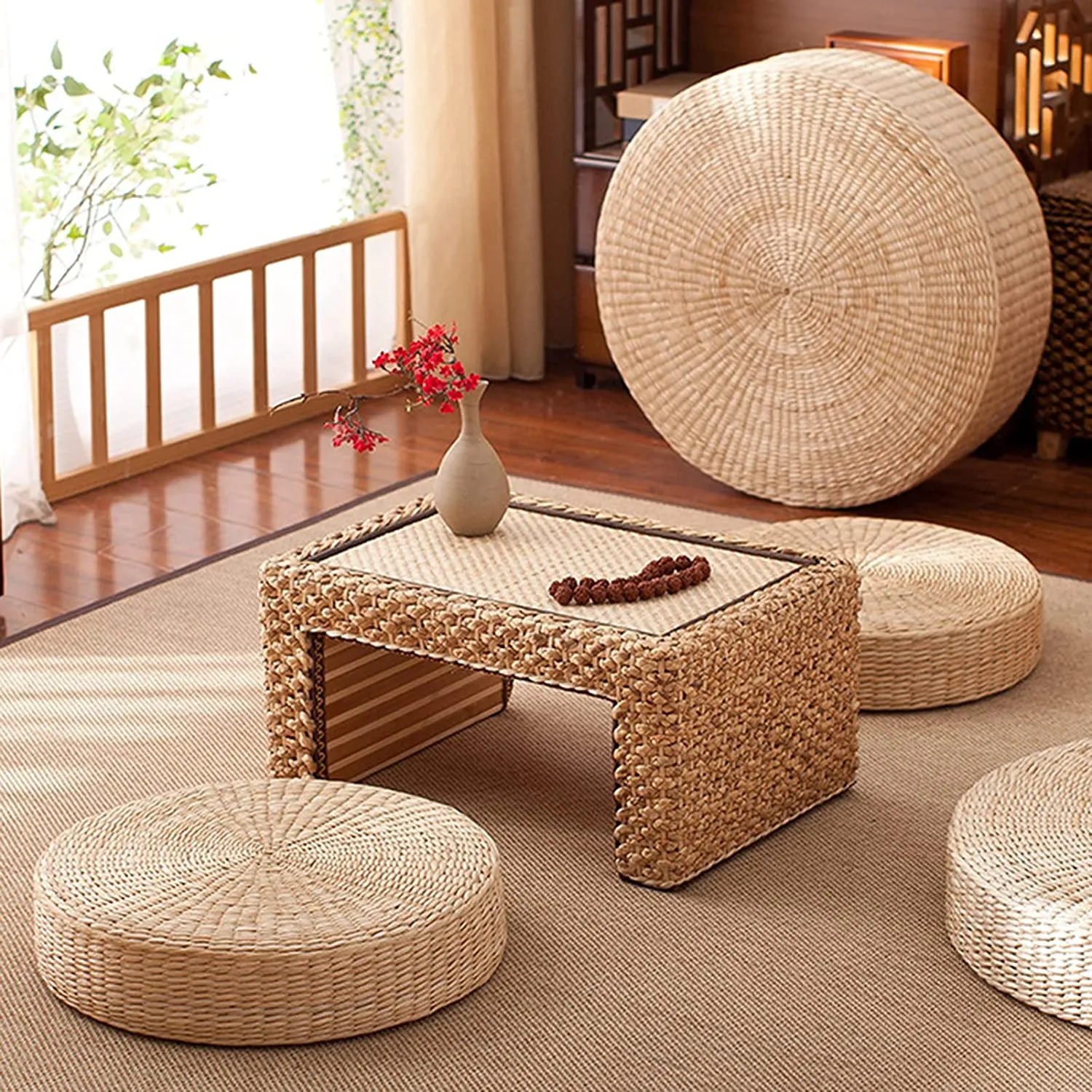 New Comfortable Round Hand-Woven Floor Cushion - Natural Straw Pouf Tatami Cushion - Round Tatami Seat Cushion, for Meditation for Zen, winner can buy 2nd one at winning bid!