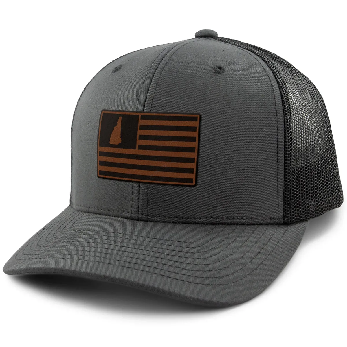 New Hampshire Striped Leather Patch Classic Snapback Trucker