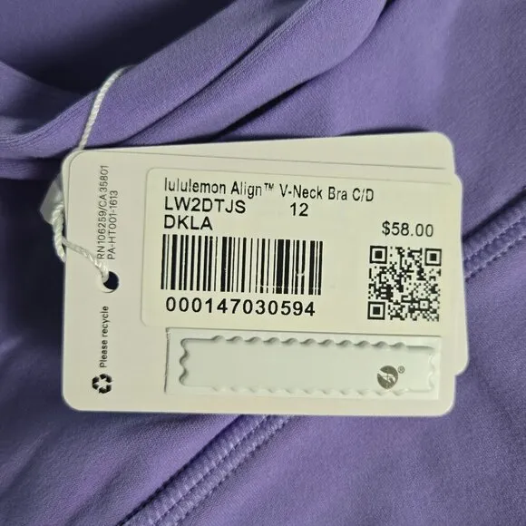 NWT Lululemon Align V-Neck Bra Light Support, C/D Cup - 12 Dark Lavender