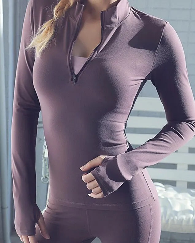Quick Dry Breathable Yoga Workout Zip Top With Thumb Hole Sleeves - Made To Order Clothing