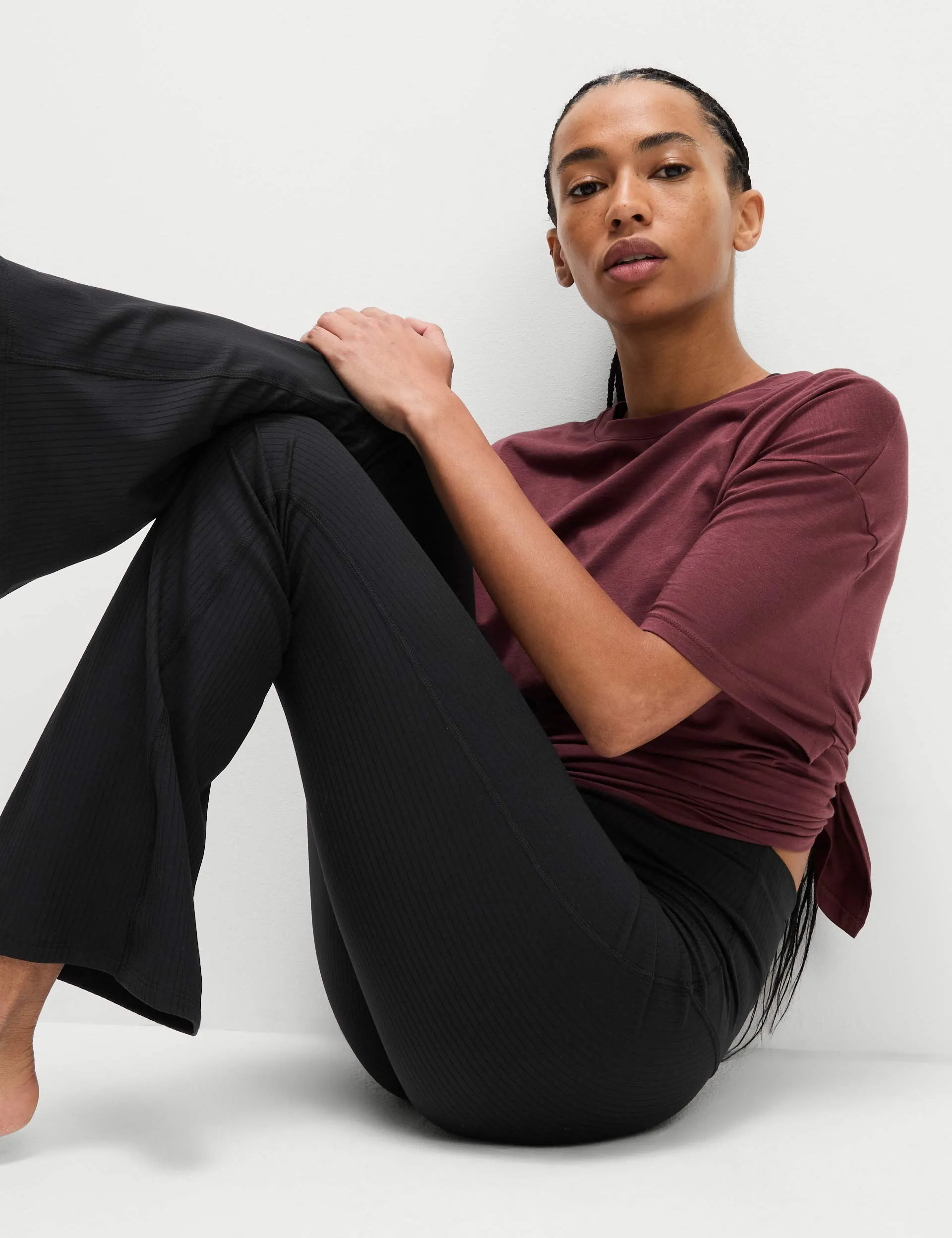 Ribbed High Waisted Flared Yoga Leggings - Black