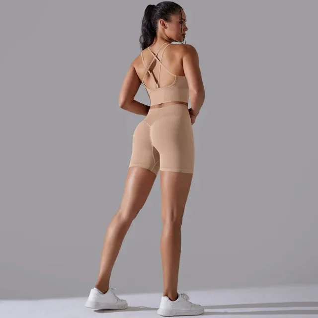 Seamless Yoga Set for Women - Scrunch High Waist Leggings and Push Up Strappy Sports Bra