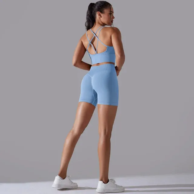 Seamless Yoga Set for Women - Scrunch High Waist Leggings and Push Up Strappy Sports Bra