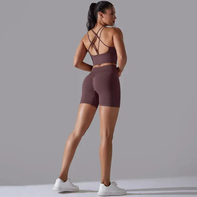 Seamless Yoga Set for Women - Scrunch High Waist Leggings and Push Up Strappy Sports Bra