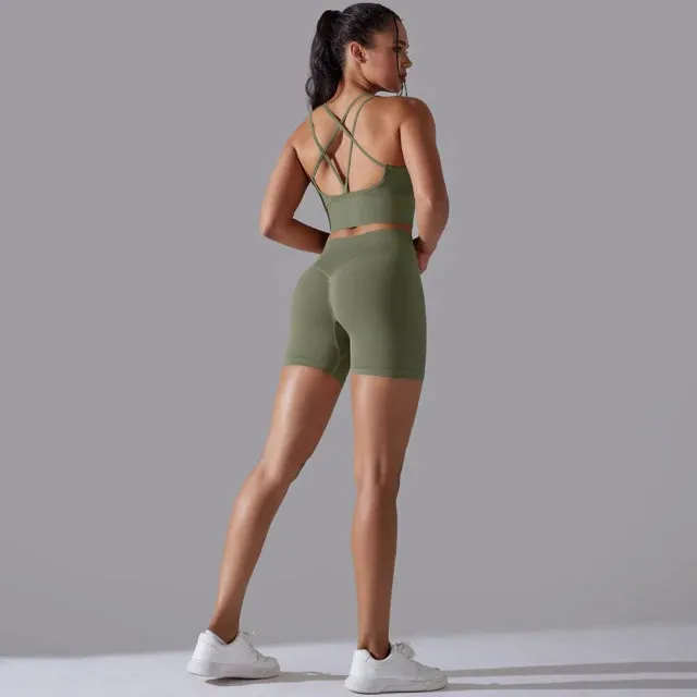 Seamless Yoga Set for Women - Scrunch High Waist Leggings and Push Up Strappy Sports Bra