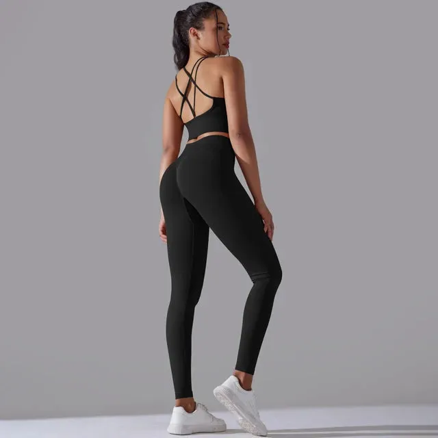 Seamless Yoga Set for Women - Scrunch High Waist Leggings and Push Up Strappy Sports Bra