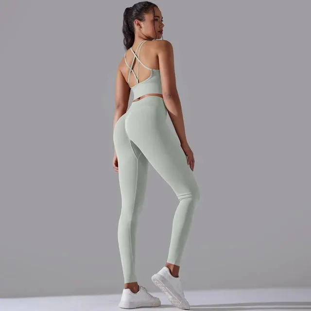 Seamless Yoga Set for Women - Scrunch High Waist Leggings and Push Up Strappy Sports Bra