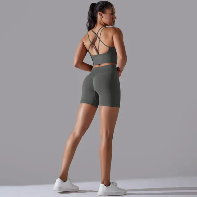 Seamless Yoga Set for Women - Scrunch High Waist Leggings and Push Up Strappy Sports Bra