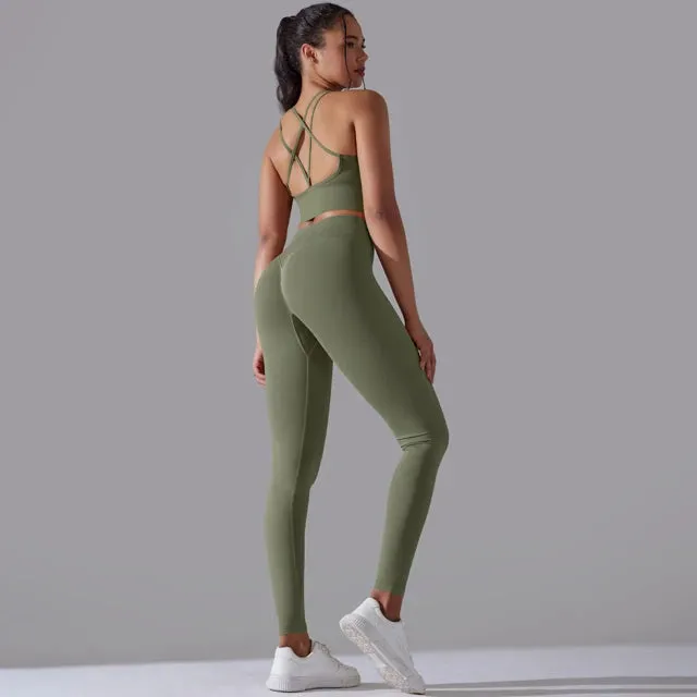 Seamless Yoga Set for Women - Scrunch High Waist Leggings and Push Up Strappy Sports Bra
