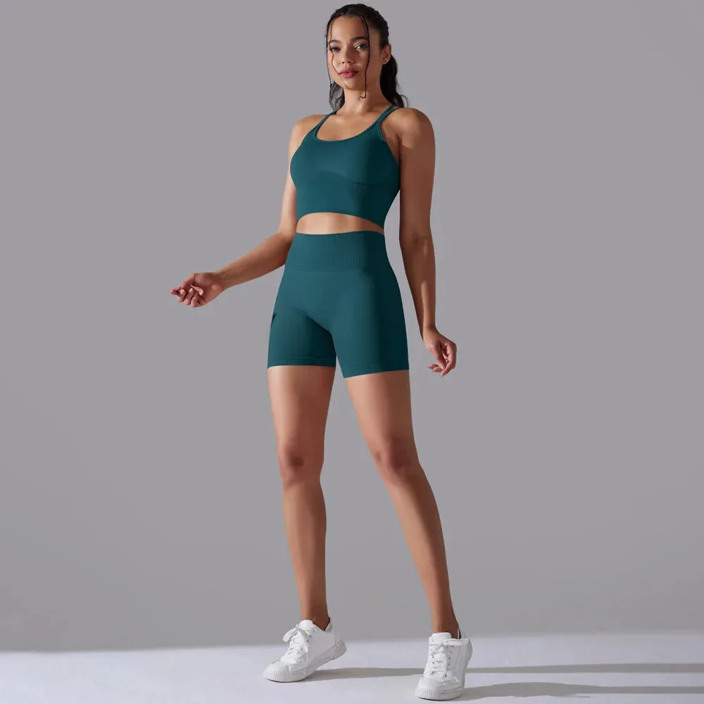 Seamless Yoga Set for Women - Scrunch High Waist Leggings and Push Up Strappy Sports Bra