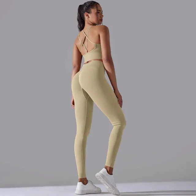Seamless Yoga Set for Women - Scrunch High Waist Leggings and Push Up Strappy Sports Bra