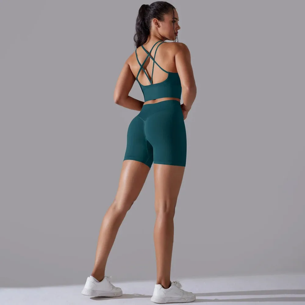 Seamless Yoga Set for Women - Scrunch High Waist Leggings and Push Up Strappy Sports Bra