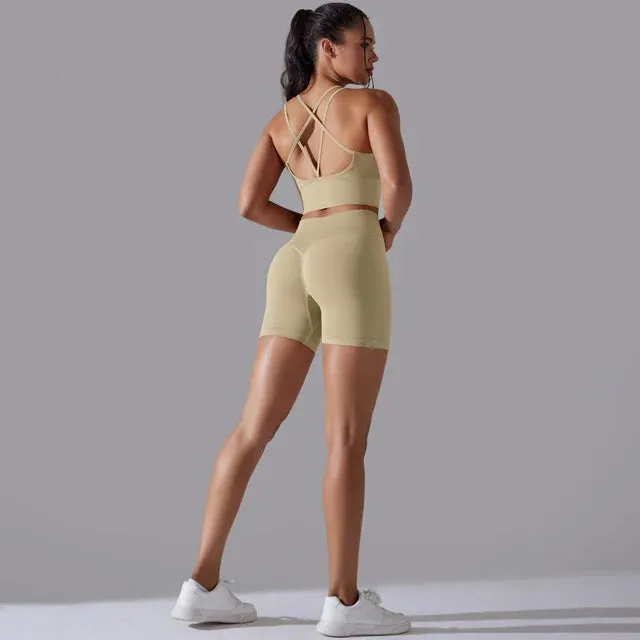 Seamless Yoga Set for Women - Scrunch High Waist Leggings and Push Up Strappy Sports Bra