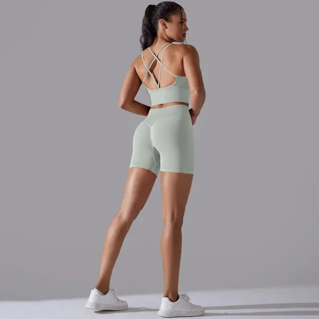 Seamless Yoga Set for Women - Scrunch High Waist Leggings and Push Up Strappy Sports Bra