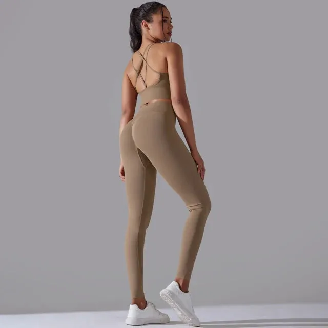 Seamless Yoga Set for Women - Scrunch High Waist Leggings and Push Up Strappy Sports Bra